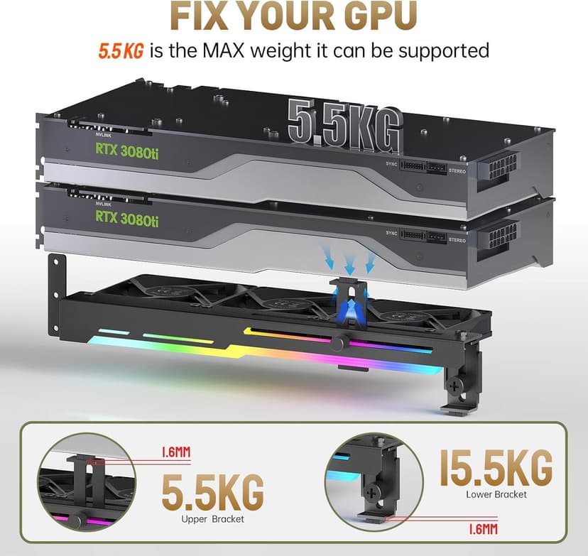 AsiaHorse Graphics Card Cooler with ARGB 5V 3Pin LED and Three 80mm Fans, RGB LED Graphics Card Holder, GPU Cooler Easy Installation-Black