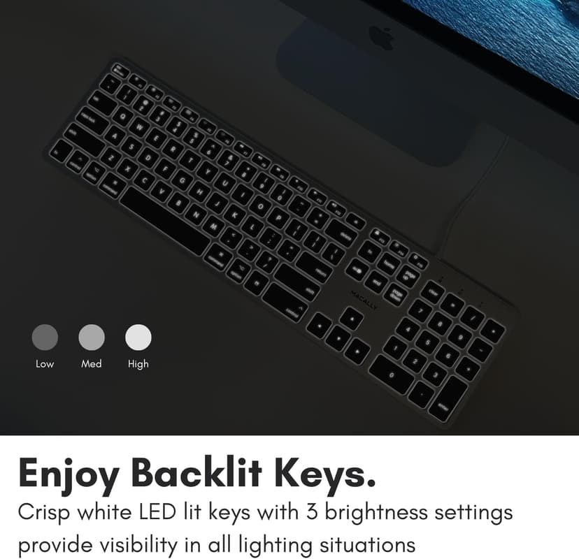 Macally Backlit Mac Keyboard - Quiet, Sleek, and Functional - 3 Brightness Levels, 107 Keys, 5ft USB Wired - Apple Keyboard - Backlit Wired for Mac, iMac, MacBook Pro/Air - Space Gray