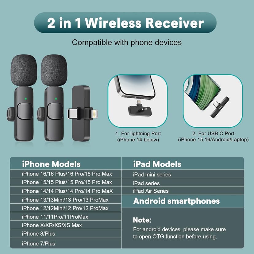 MAYBESTA 2 in 1 Wireless Mini Microphone for iPhone, iPad, Android Phone - Bluetooth Lavalier Lapel Mic for Video Recording - Clip on USB C Microphones for YouTube Tiktok Podcast Vlogging