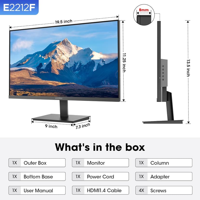 KOORUI 22 Inch Computer Monitor Full HD 1080P 100Hz PC Gaming Screen VA Panel Ultra-Slim Display 3000:1 Contrast Ratio with Adpitive Sync (HDMI/VGA/VESA Compatible 100x100mm/Audio Out), Tilt, Black