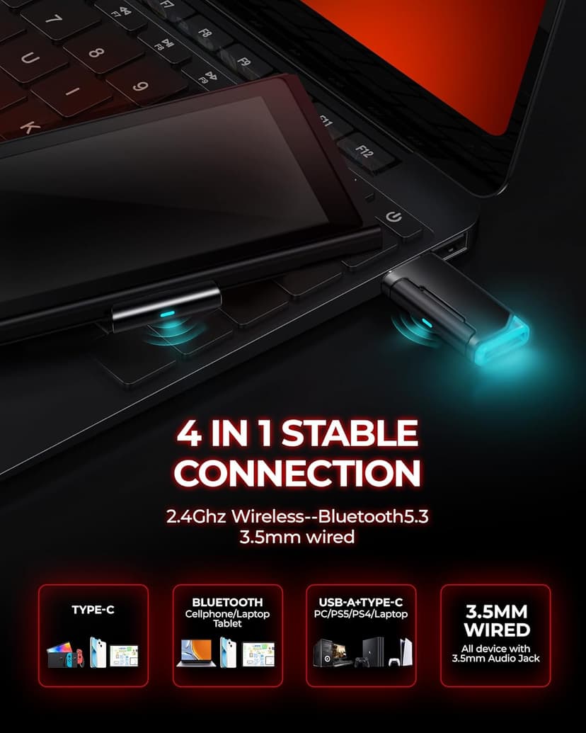 Wireless Gaming Headset， 7.1 Surround Sound， 2.4Ghz USB Gaming Headphones Bluetooth 5.4,100-Hr Noise Canceling Mic RGB Light, Wireless Headset for PC PS5 PS4 Mac Switch，ONLY Wired Mode Suit for Xbox
