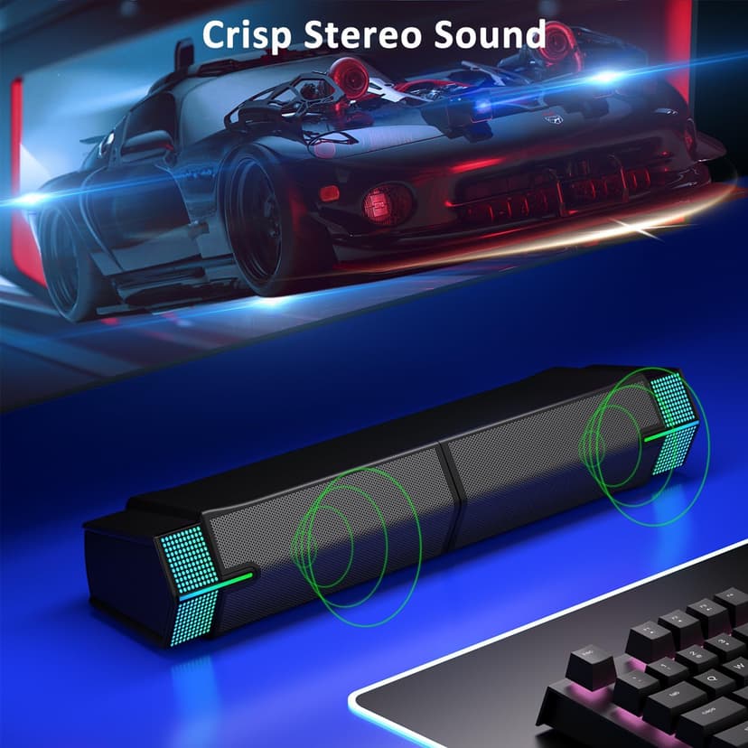 Jeecoo M20 Bluetooth Computer Speakers for PC Desktop Monitor, Gaming PC Sound Bar - Wired USB-Powered, Superb Stereo Sound, with LED Lighting - Combine/Separate to Customize Your Desk