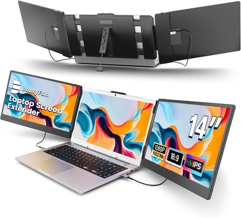 14" Laptop Screen Extender, FHD 1080P IPS Triple Portable Monitor for Laptop, HDMI/USB-A/Type-C Plug and Play for Windows, Mac, Android, Chrome, Switch & PS5, Work with 13.3”-17” Laptops
