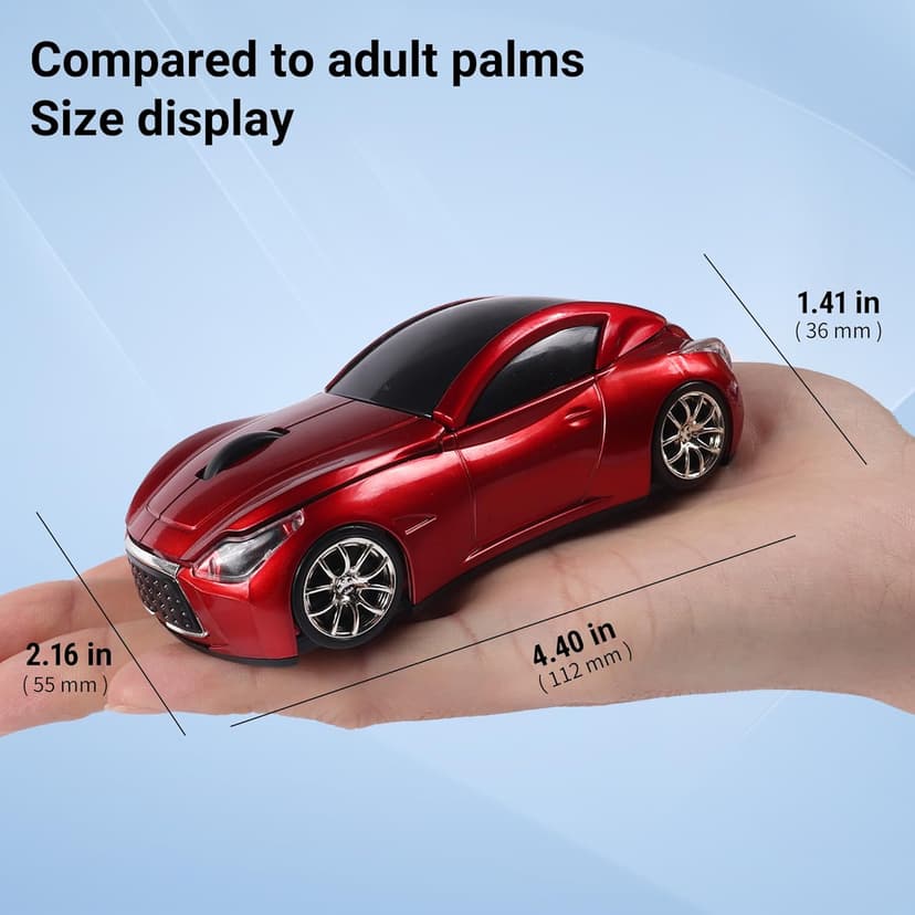 Elec Space Wireless Car-Shape Mouse With LED Headlights, 2.4G Unique for Kids, USB Receiver, 1600 DPI Cool Gaming for Laptop PC Computer-Red