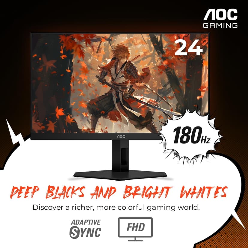 AOC 24G4E 24" Gaming Monitor, Full HD 1920x1080 IPS Panel, 180Hz 1ms, 1x HDMI 2.0, 1x Display Port, Adaptive-Sync, Audio Earphone Out, Console Gaming Ready, 3-Year Zero-Bright-Dot