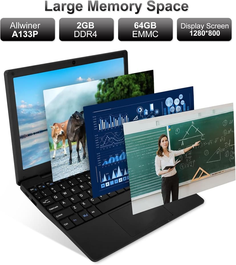 10.1Inch Laptop,Quad-Core Processor with Android 12.0 OS,2GB RAM,64GB EMMC,Built-in Camera,WiFi,USB Interface,Tpye-C Charging for Learning and Entertainment (Black 2GB+64GB)