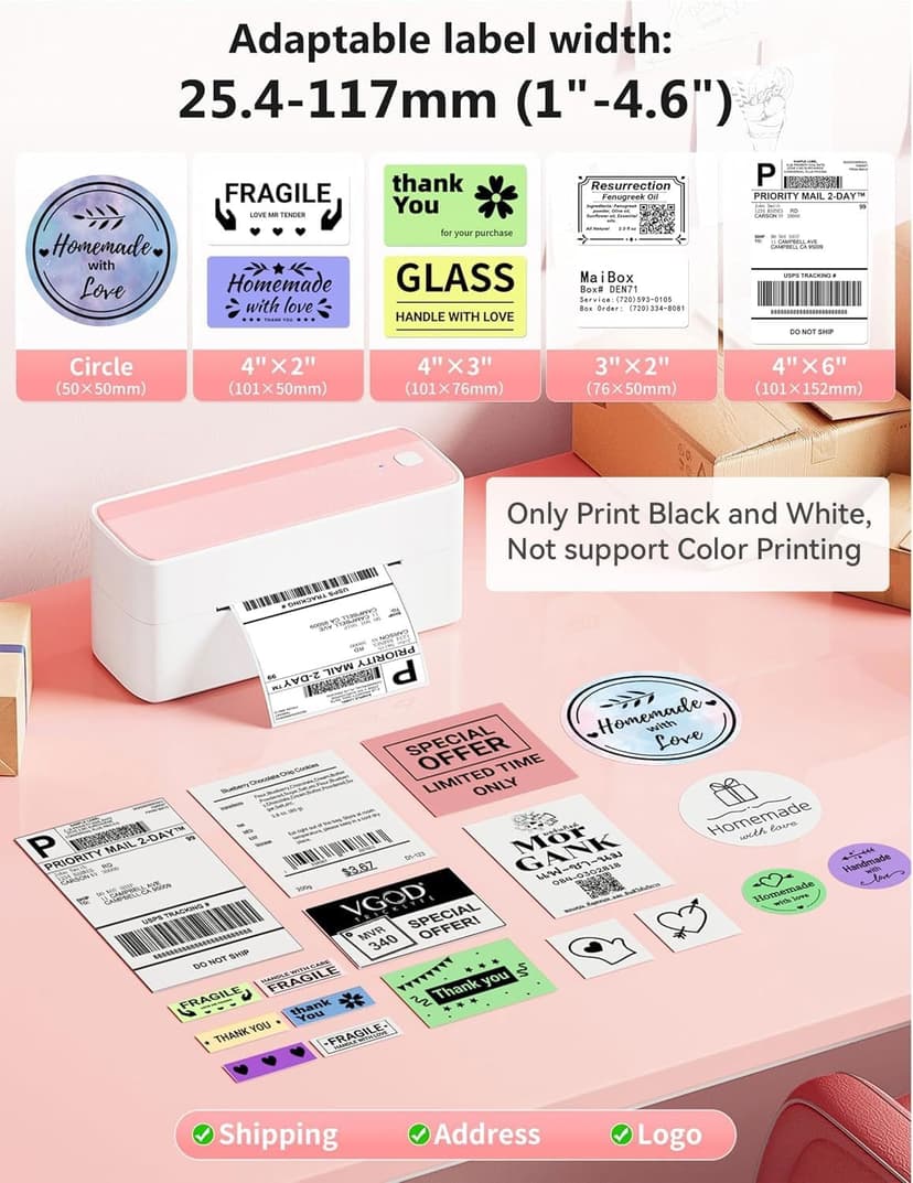 Phomemo Bluetooth Thermal Label Printer, 241BT 4X6 Wireless Shipping Labels Printer for Small Business, Pink Label Printers for Shipping Package, Compatible with iPhone, Android, Amazon, Shopify, USPS