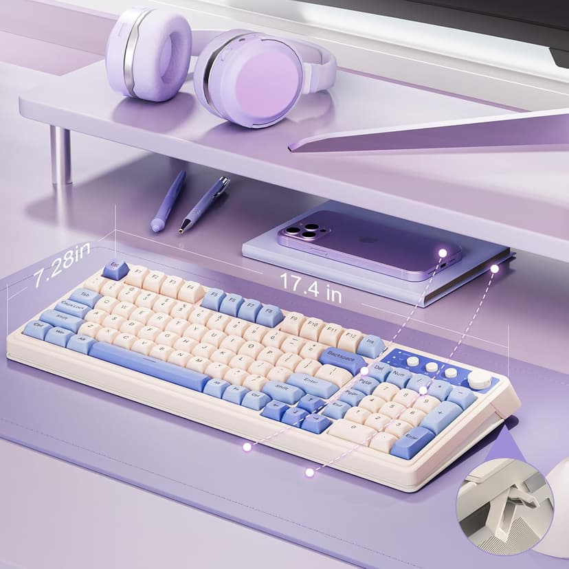 AULA 99 Key Keyboard, Tri-Mode Bluetooth/2.4GHz/USB-C Cute Creamy Gaming Keyboard with Number Pad RGB Backlit, Media Knob Custom Mechanical Feel Computer Keyboards for MAC Xbox PC Gamer - Purple