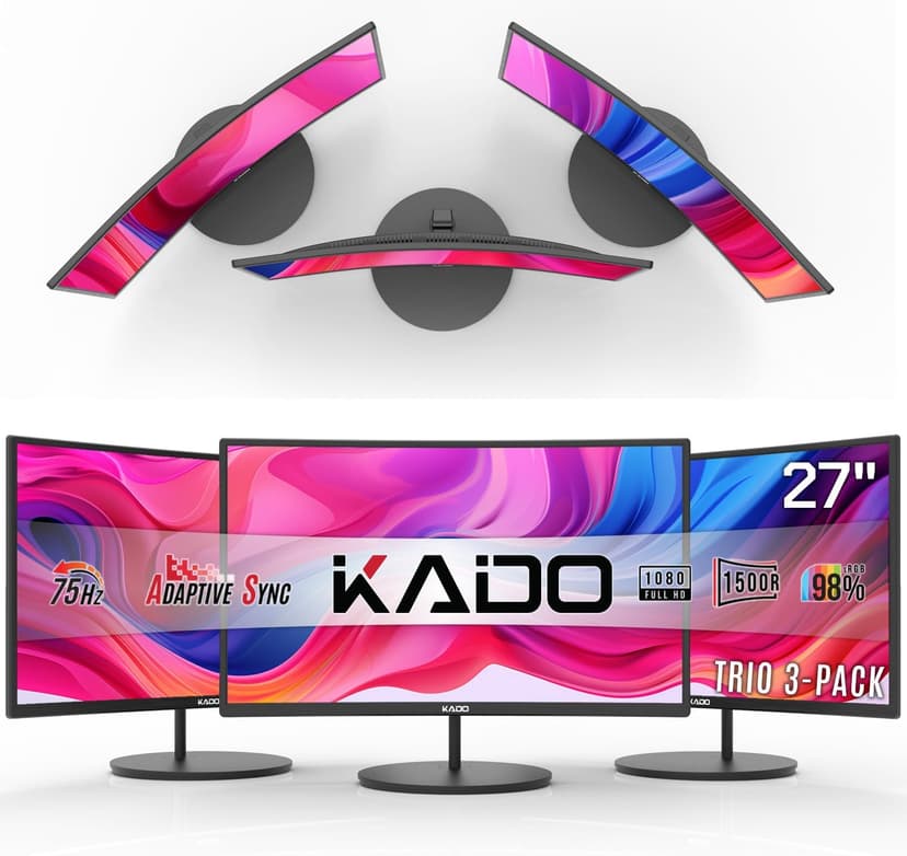 Kado Triple Monitor Setup - 3-Pack 27" 1920x1080 Curved Computer Monitor 1500R 75Hz VESA Mount HDMI Office Gaming Hybrid Sim Racing Built-in Speakers (C27 Trio Series)
