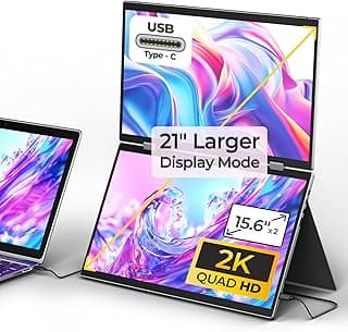 Portable Dual Monitors, 15.6” 2K Dual Screen Monitor for Laptop(Win/Linux), Built-in Protective Cover/Stand, 360°Rotation and USB-C Triple Screen Laptop Monitor Extender, Plug & Play