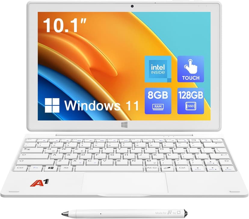 2-in-1 Detachable Touch Screen Laptop, 8GB DDR4 RAM, 128GB SSD, 10.1" Win 11 Tablet with Keyboard, Pentium N5030 (Up to 3.1GHz), Dual-Band WiFi, Bluetooth, USB 3.0, Dual Camera, White
