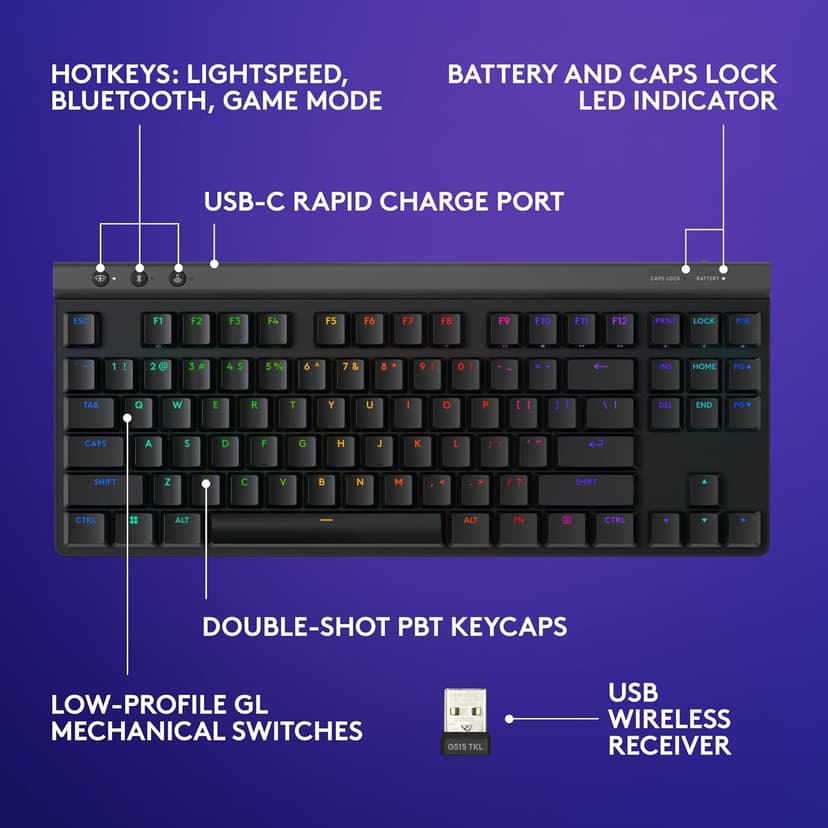 Logitech G515 Wireless Gaming Keyboard TKL, LIGHTSYNC RGB, Thin Tenkeyless Design, Double-Shot PBT Keycaps, Tactile Brown Mechanical Switches - Black
