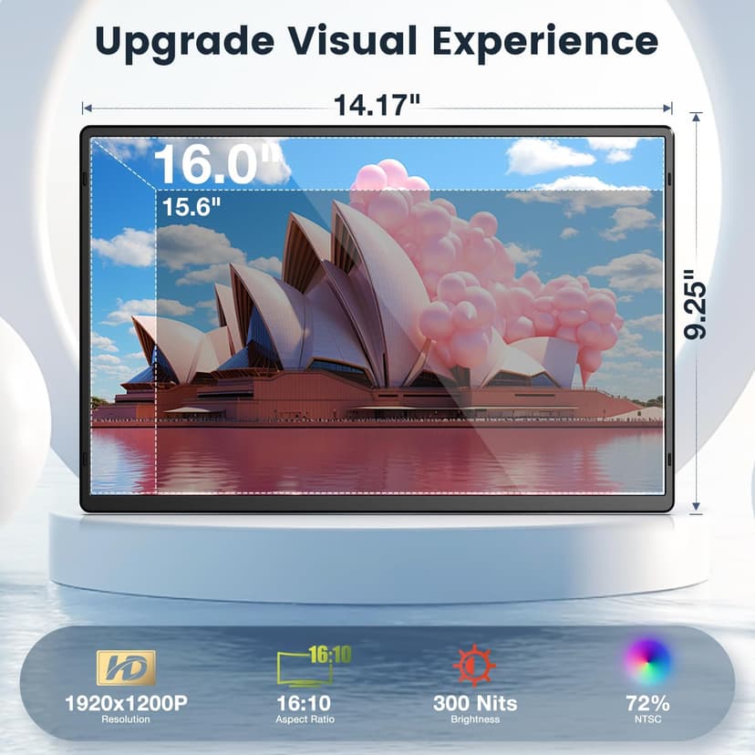 Portable Monitor, 16 Inch FHD 1200P, 360° Rotating Detachable Stand, Plug&Play Travel Monitor for Laptop, Ultra-Thin Zero Frame, Premium Smart Cover, Portable Screen for Laptop/PC/Mac