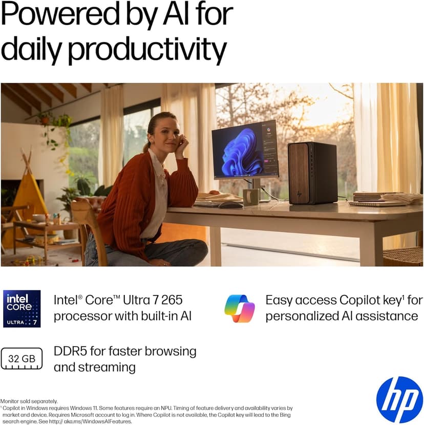 HP OmniDesk Desktop PC, Intel Core Ultra 7 265, 32 GB RAM, 2 TB SSD, Intel Graphics, Windows 11 Home, Microsoft Copilot, Dark Wood, M03-0060 (2025)