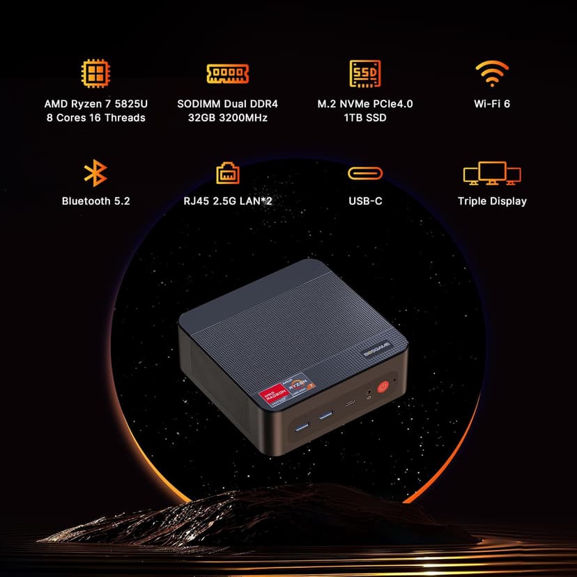 P4 Plus Mini PC Desktop Computers, AMD Ryzen 7 5825U (up to 4.5GHz), 32GB DDR4, 1TB PCIe SSD, Dual LAN 2.5G & Wi-Fi 6E & BT5.2, 4K Triple Display, Compact Silent PC for Gaming, Office, Design