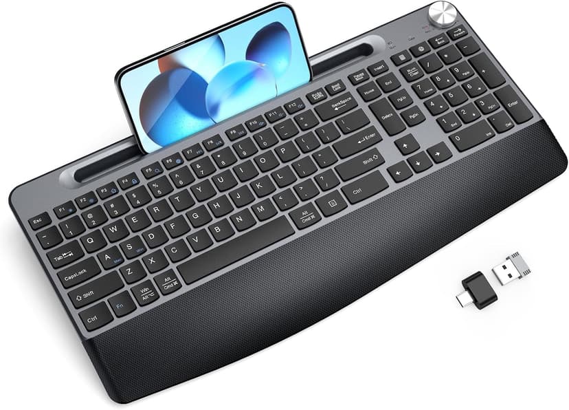 Ergonomic Wireless Keyboard with Wrist Rest-Low-Profile,Phone/Tablet Holder,Quiet Design，Windows & Mac OS，Full Size Cordless USB Computer Keyboard for Desktop,Laptop, PC, Mac, Windows-Grey