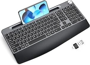 Ergonomic Wireless Keyboard with Wrist Rest-Low-Profile,Phone/Tablet Holder,Quiet Design，Windows & Mac OS，Full Size Cordless USB Computer Keyboard for Desktop,Laptop, PC, Mac, Windows-Grey