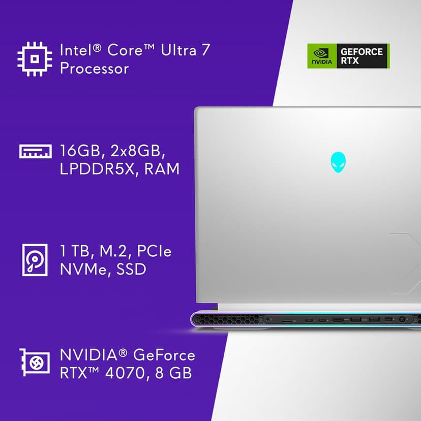 Alienware X16 R2 Gaming Laptop - 16-inch QHD+ 240Hz 3ms Display, Intel Core Ultra 7-155H, 16GB LPDDR5X RAM, 1TB SSD, NVIDIA GeForce RTX 4070 8GB GDDR6, Windows 11 Home, Onsite Service - Lunar Silver