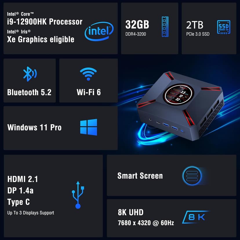 Advanced M9 Plus Compact Desktop PC with 2.1-Inch Display, Intel Core i9-12900HK (14C/20T, 5.0GHz), 32GB DDR4 RAM + 2TB NVMe SSD, Triple 4K Display, WiFi 6, BT 5.2, USB-C/Thunderbolt
