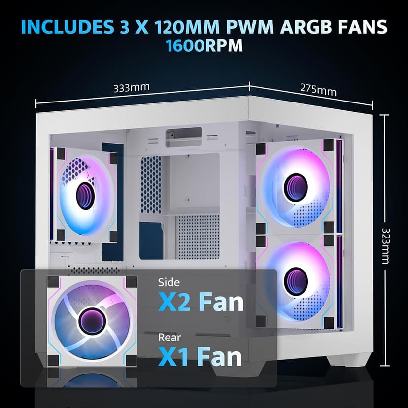 darkFlash ITX PC Case, Pre-Install 3 PWM ARGB Fans Computer Case, Full View Dual Tempered Glass ITX Case, Mini Size, Supports 240mm AIO(C275P) (White)