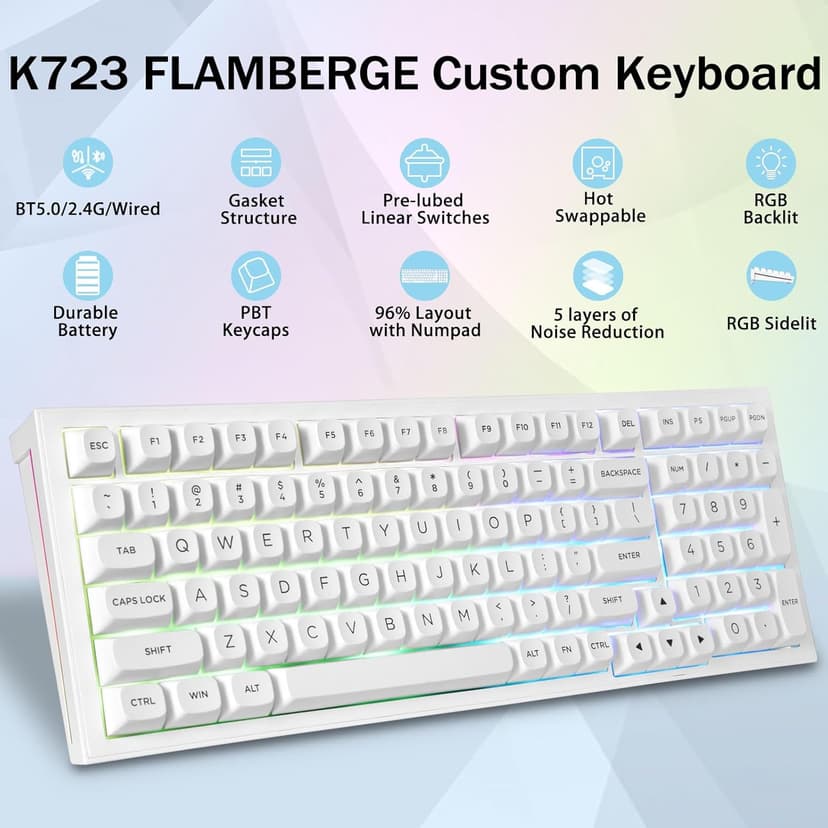 Redragon K723 Wireless Mechanical Gaming Keyboard Creamy, Hot Swappable Pre-lubed Linear Switches, Gasket Structure, Tri-Mode BT5.0/2.4GHz/USB-C, RGB Backlit, Custom for PC/Mac/PS/Xbox, White