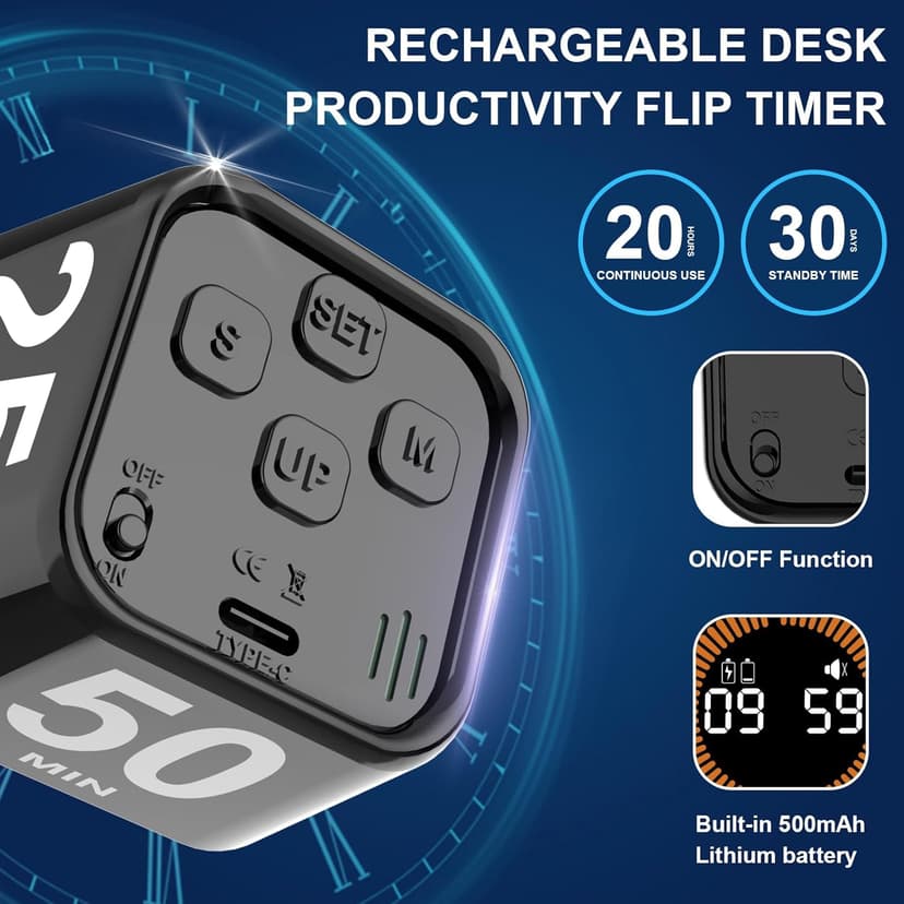 Rotating Cube Visual Timer 5, 25, 10, 50 Min Preset + Custom Countdown, Rechargeable Desk Productivity Flip Timer w/Silicone Case, Silent Mode, Ideal for ADHD Tool Study Work Kitchen School (Black)