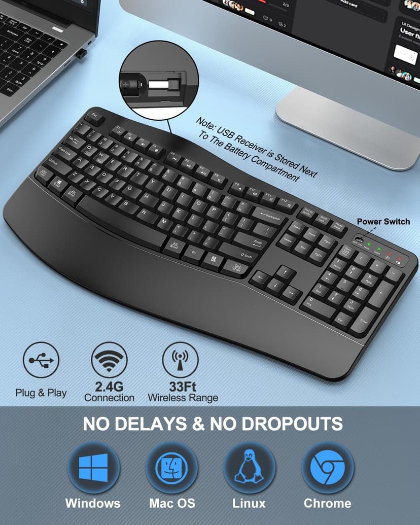 EDJO Ergonomic Wireless Keyboard with Wrist Rest, Wave Keys, for Large Hands, 2.4GHz Full Size Ergo Cordless USB Computer Keyboard, Comfortable Natural Typing, for Laptop, Mac, Windows (Black)
