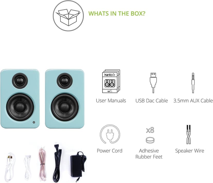 Kanto YU2GT PC Gaming Desktop Speakers | 3" Composite Drivers | 3/4" Silk Dome Tweeter | Class D Amplifier | 100 Watts | Built-in USB DAC | Subwoofer Output | Pair | Gloss Teal