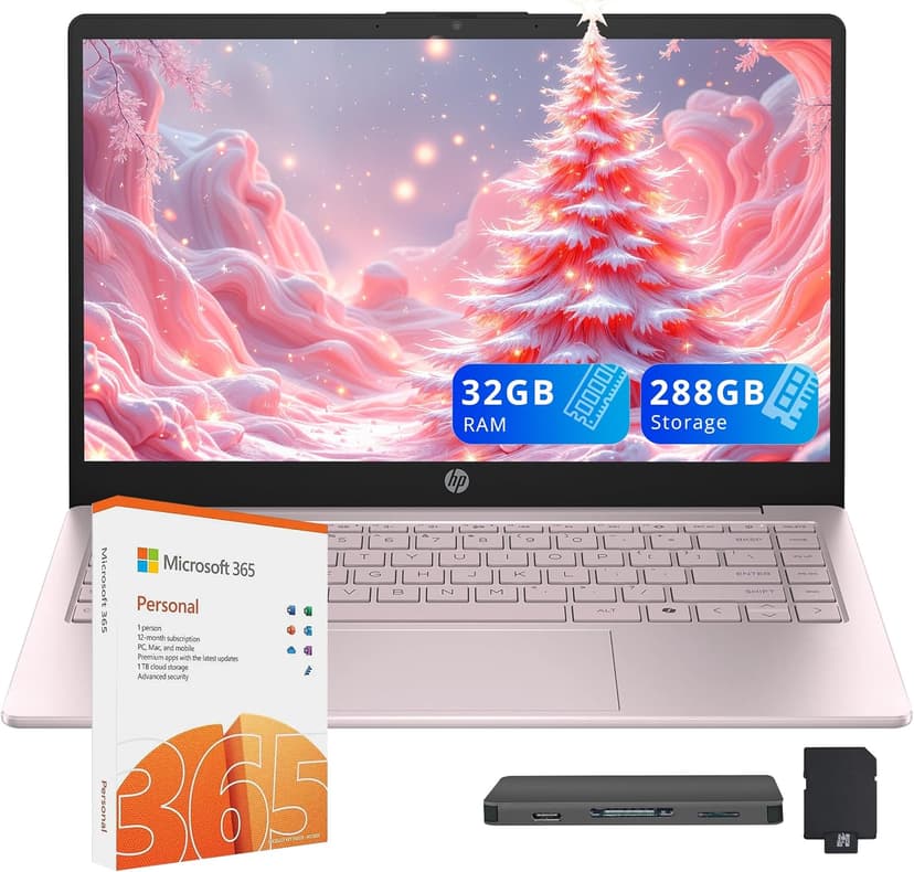 HP Flagship 14" HD Student&Business Laptop, Intel N150 CPU(Beats i3-1115G4), 32GB RAM, 288GB Storage (128GB UFS + 160GB Docking Set), W/1 Year Office 365&AI-Copilot, Webcam, Bluetooth, Win 11s, Pink