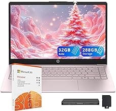 HP Flagship 14" HD Student&Business Laptop, Intel N150 CPU(Beats i3-1115G4), 32GB RAM, 288GB Storage (128GB UFS + 160GB Docking Set), W/1 Year Office 365&AI-Copilot, Webcam, Bluetooth, Win 11s, Pink