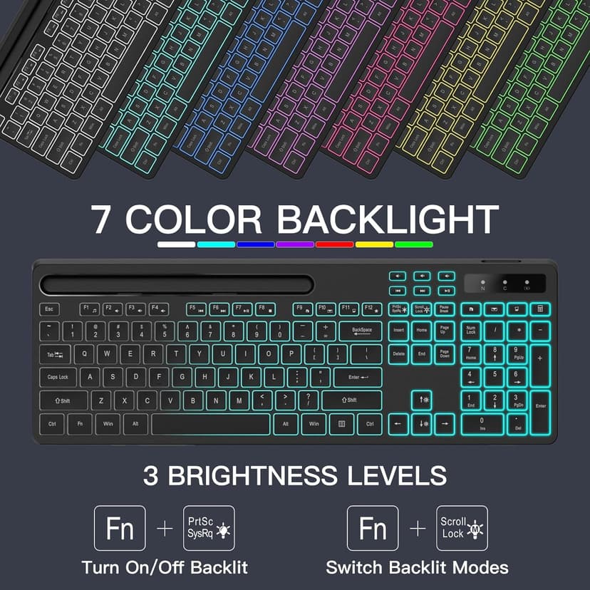 Wireless Keyboard with 7-Color RGB Backlit, Full-Size Computer Keyboard with Phone Tablet Holder, 2.4G Rechargeable Gaming Keyboard with Light Up Keys, Compatible with Mac, Windows (Black)