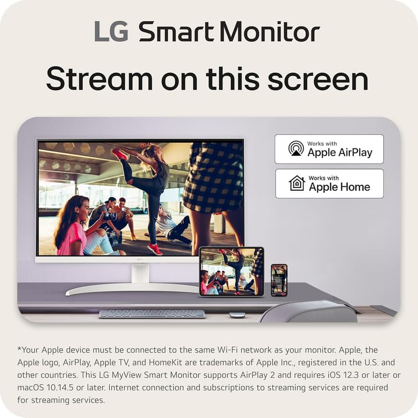 LG 27SR75U-W 27 inch 4K UHD (3840x2160) IPS HDR10 USB Type-C 65W PD Smart Monitor webOS 23 AirPlay Screen Share Bluetooth ThinQ App Built-in Speaker HDMI White