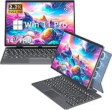 【Win 11 Pro/Office 2019】2-in-1 Convertible Laptop, 14" 2.2K Touchscreen, Detachable Magnetic Keyboard, 12th Gen Alder Lake-N95, 16GB DDR5 RAM, 512GB/1TB SSD, HD Camera, Cooling Fan, Type-C (512G SSD)
