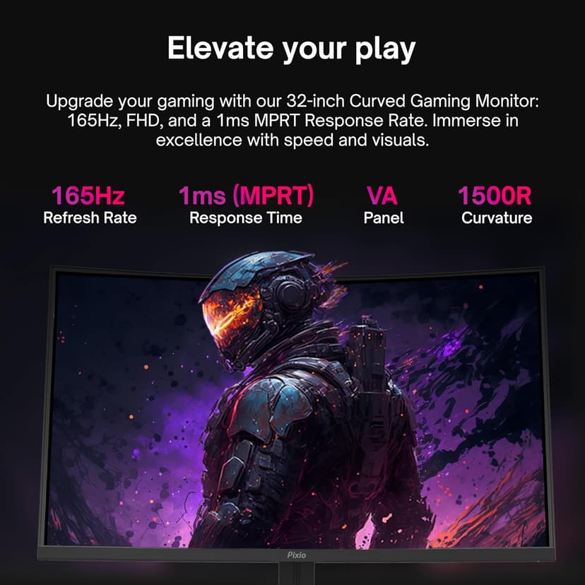Pixio PXC325 32 inch 165Hz Refresh Rate FHD 1080p Resolution 1500R Curve VA Panel 1ms Response Time Adaptive Sync HDR Curved Gaming Monitor