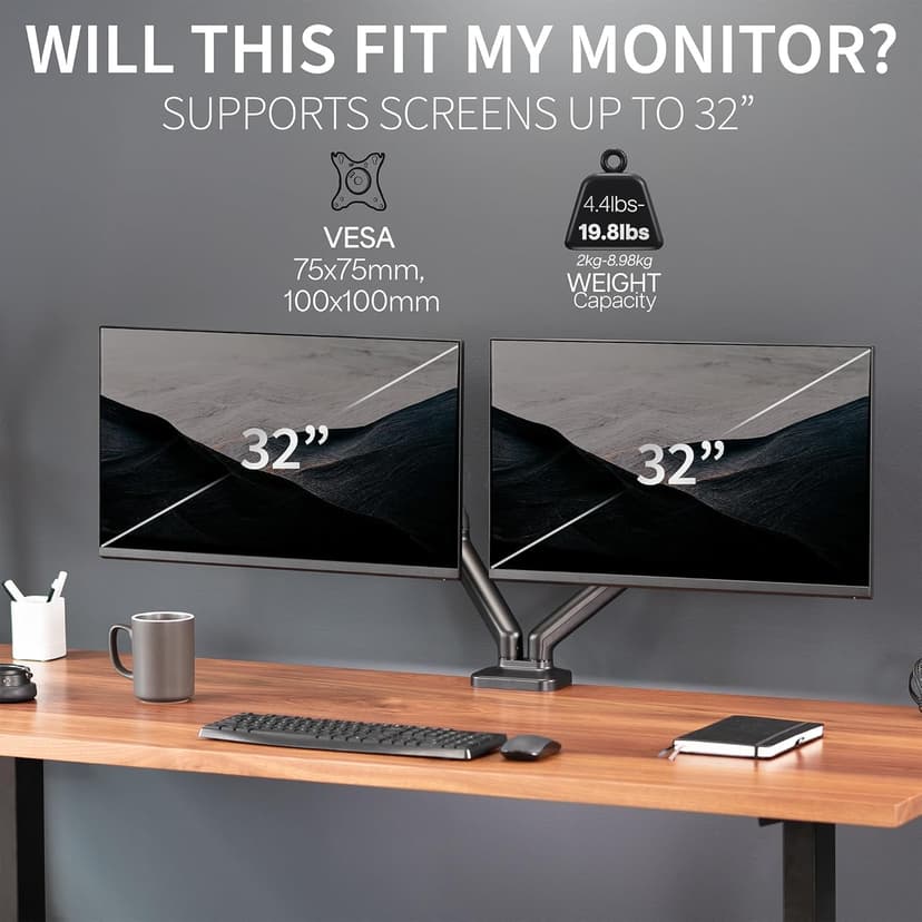 VIVO Dual Monitor up to 32 inches and 19.8 lbs per Screen, Pneumatic Arm Desk Mount, Articulating Counterbalance, VESA Stand, Classic, STAND-V002O