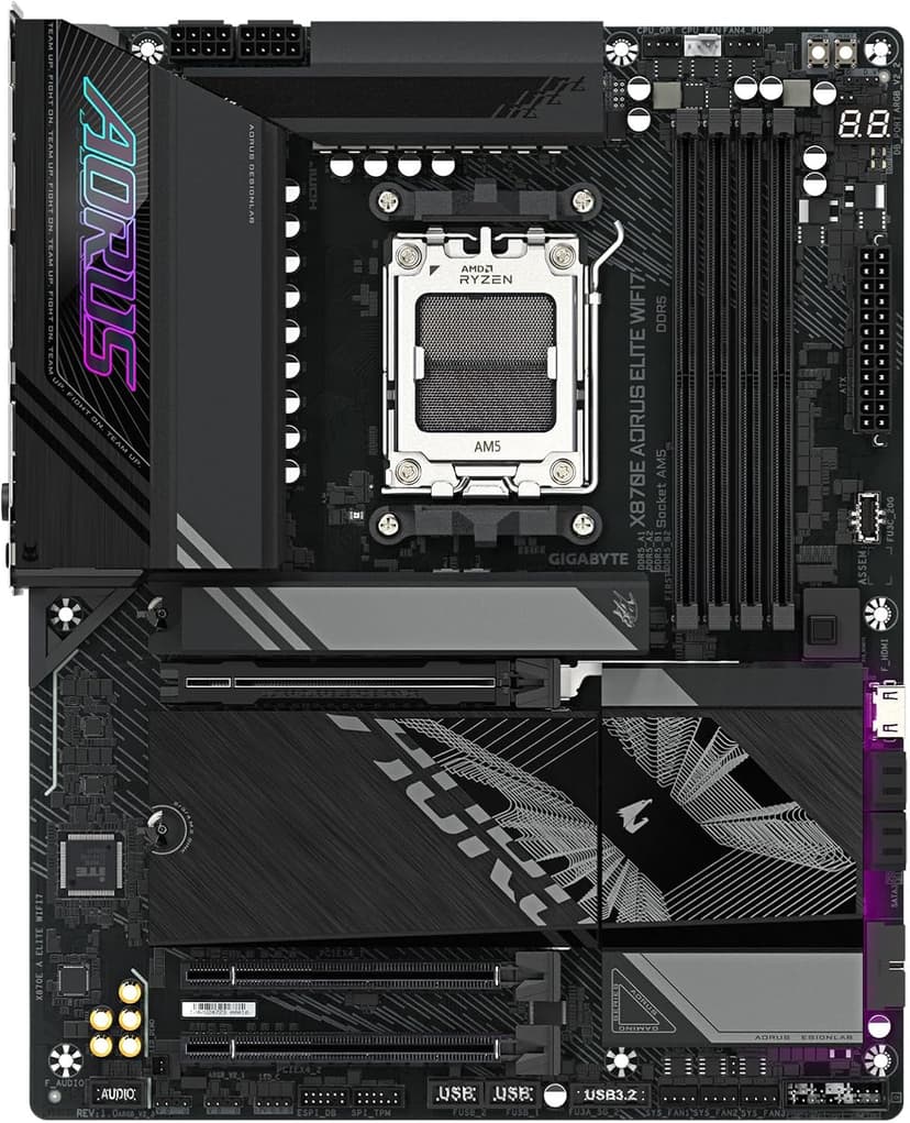GIGABYTE X870E AORUS Elite WIFI7 AMD AM5 LGA 1718 Motherboard, ATX, DDR5, 4X M.2, PCIe 5.0, USB4, WIFI7, 2.5GbE LAN, EZ-Latch, 5-Year Warranty