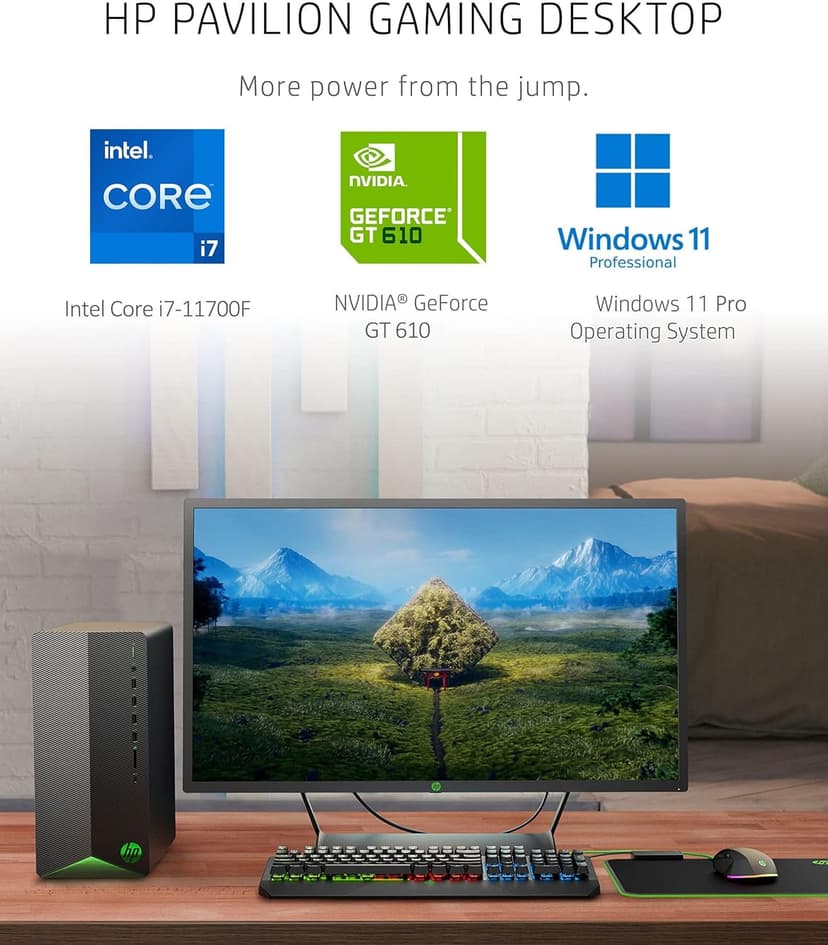 HP Pavilion Desktop Tower Computer, Intel 8-Core i7-11700F up to 4.9GHz, 32GB DDR4 RAM, 1TB PCIe SSD, GeForce GT 610 2GB, WiFi 6, Bluetooth, RJ-45, Type-C, HDMI, KB & Mouse, Windows 11 Pro, WE/PGPY