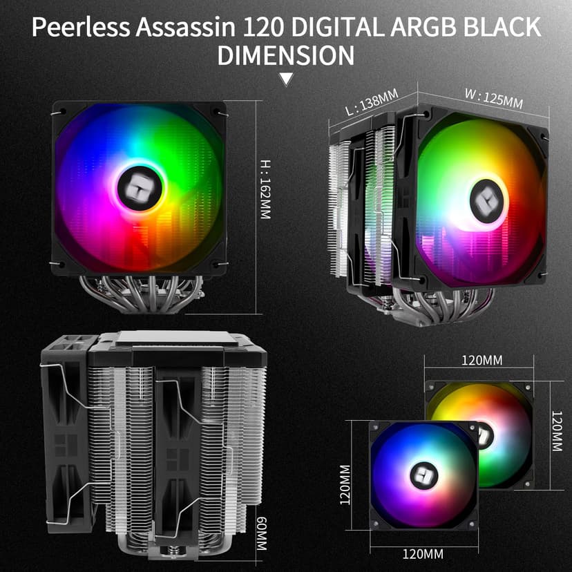 Thermalright Peerless Assassin 120 Digital ARGB Black CPU Air Cooler, Digital Screen Top Cover,6 Heatpipes Computer CPU Cooler, for AM4/AM5,Intel LGA1700/1851/1150/1151/1200, PC Cooler-Black ARGB