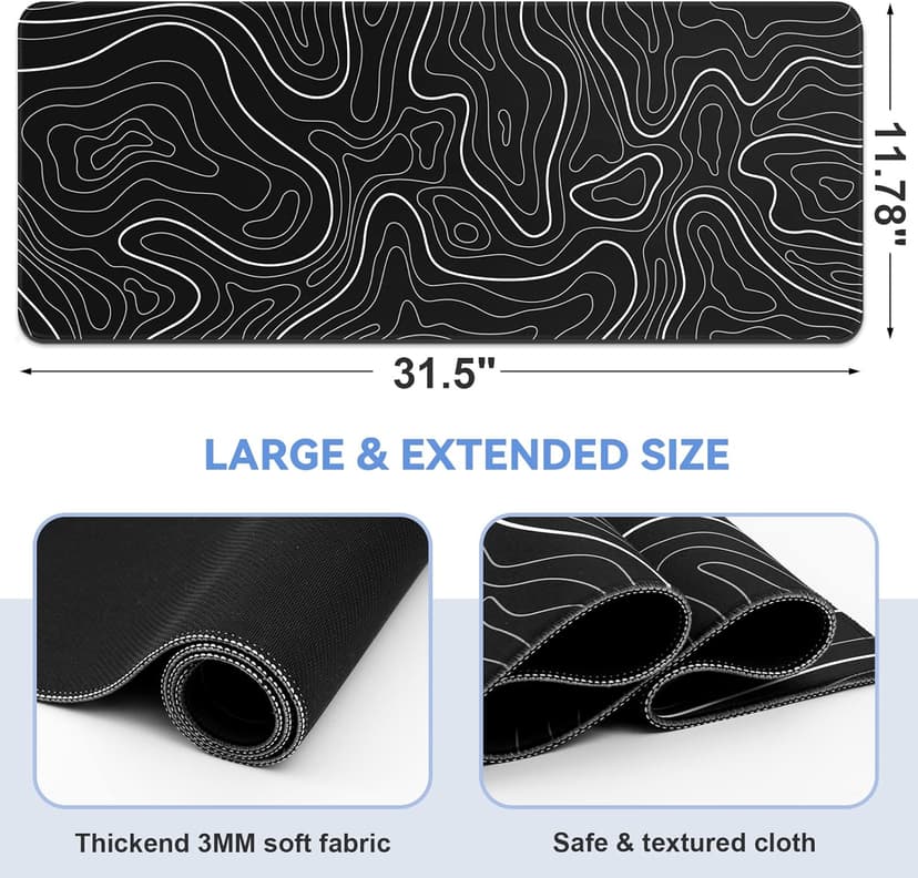 Mouse Pad Gaming Mousepad 31.5 x 11.8in Large Mouse Pad for Keyboard and Mouse with Anti-Slip Rubber Base, Keyboard Pad XL Mouse Mat for Home and Office（Black with White Topographic Line）