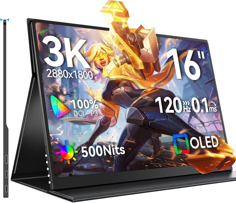 UPERFECT OLED Portable Monitor 16", 3K 2880x1800 | 120Hz | 0.1ms Portable Gaming Monitor, 500 Nits |100% DCI-P3 | 100000:1 Contrast | Ultra-Slim Design for Laptop Mini PC Phone Game Consoles