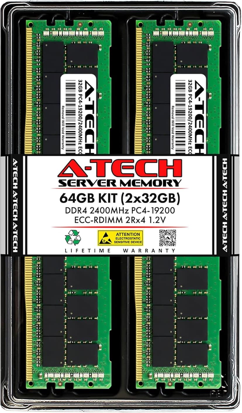A-Tech 64GB Kit (2x32GB) DDR4 2400MHz PC4-19200 ECC RDIMM 2Rx4 Dual Rank 1.2V ECC Registered DIMM 288-Pin Server & Workstation RAM Memory Upgrade Modules (A-Tech Enterprise Series)