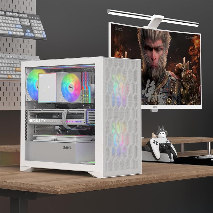 SAMA V Mesh Mid Tower PC Case - High Airflow PC Gaming Case Mesh Front Panel & Tempered Glass Side Panel, 3x140mm ARGB PWM Fans Pre-Installed, Supports ATX/M-ATX/ITX - White