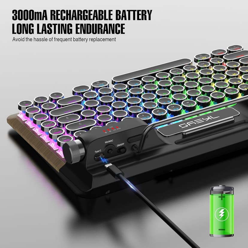 7KEYS Retro Typewriter Mechanical Gaming Keyboard, Vintage Style Computer Keyboard with Round Keycaps, Wireless Bluetooth5.0 and Wired/2.4G, True RGB Backlight, Compatible with PC/Laptop/Tablet/Phone