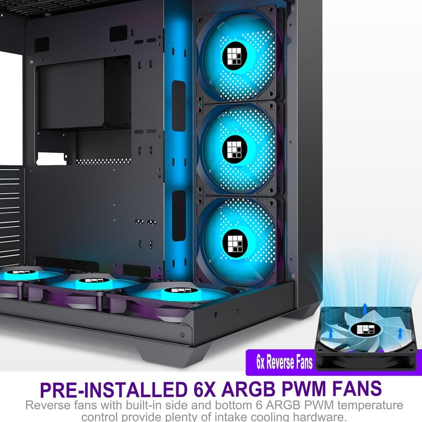 F600 PC Case - Pre-Installed 7 PWM ARGB Fan, ATX Mid-Tower Gaming PC Case, 270° Panoramic Glass with Type-C, FOIFKIN (Black, F600)
