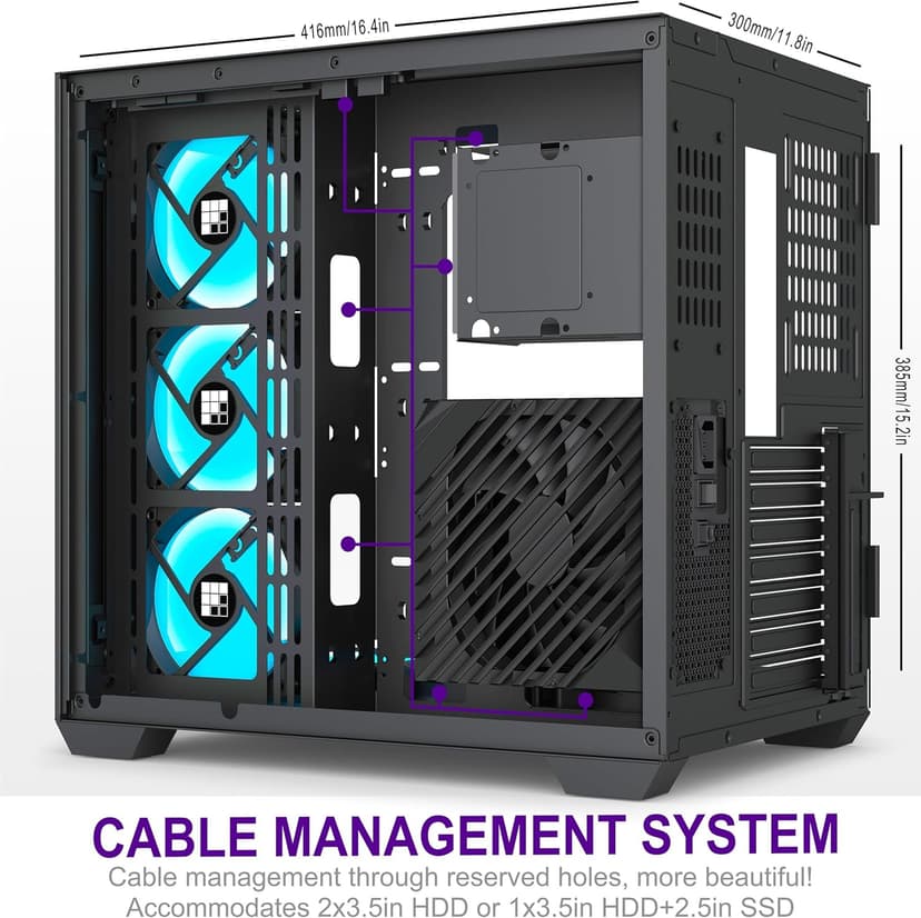 F600 PC Case - Pre-Installed 7 PWM ARGB Fan, ATX Mid-Tower Gaming PC Case, 270° Panoramic Glass with Type-C, FOIFKIN (Black, F600)