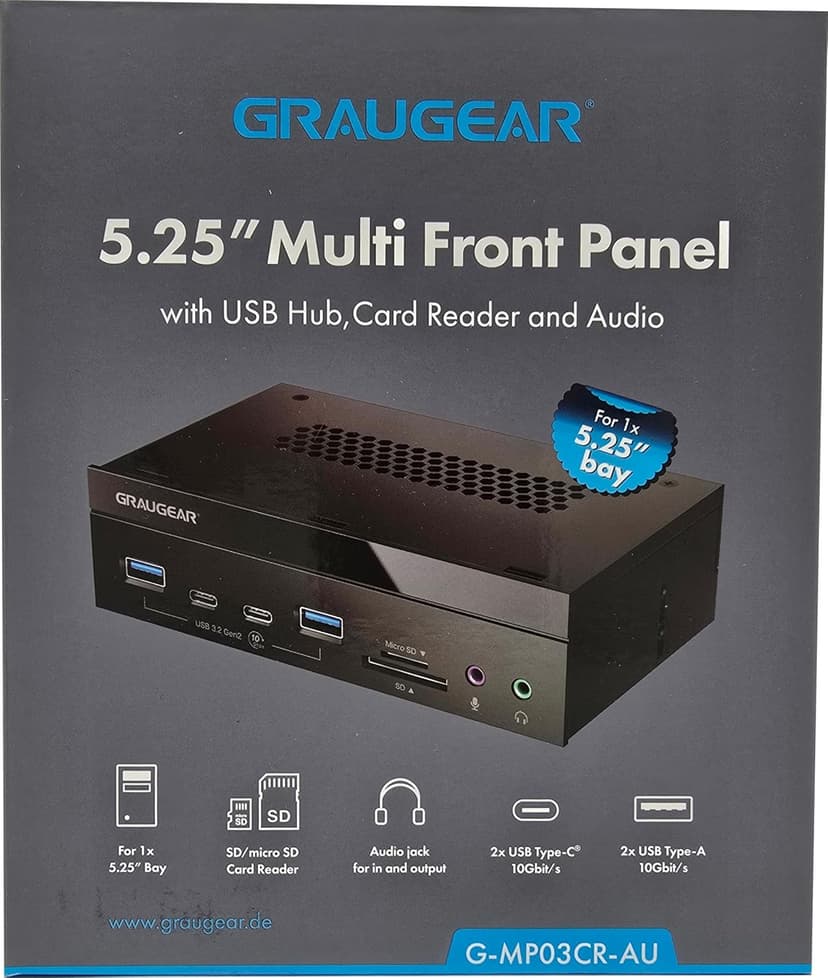 GRAUGEAR 5.25 Inch 10Gbps USB 3.2 PC Front Panel Card Reader with Audio Ports, SD/microSD Internal Card Reader, USB3.2 Type-E Key-A 20-Pin Header & USB3.0 Header & 15-Pin SATA Power Connector Required