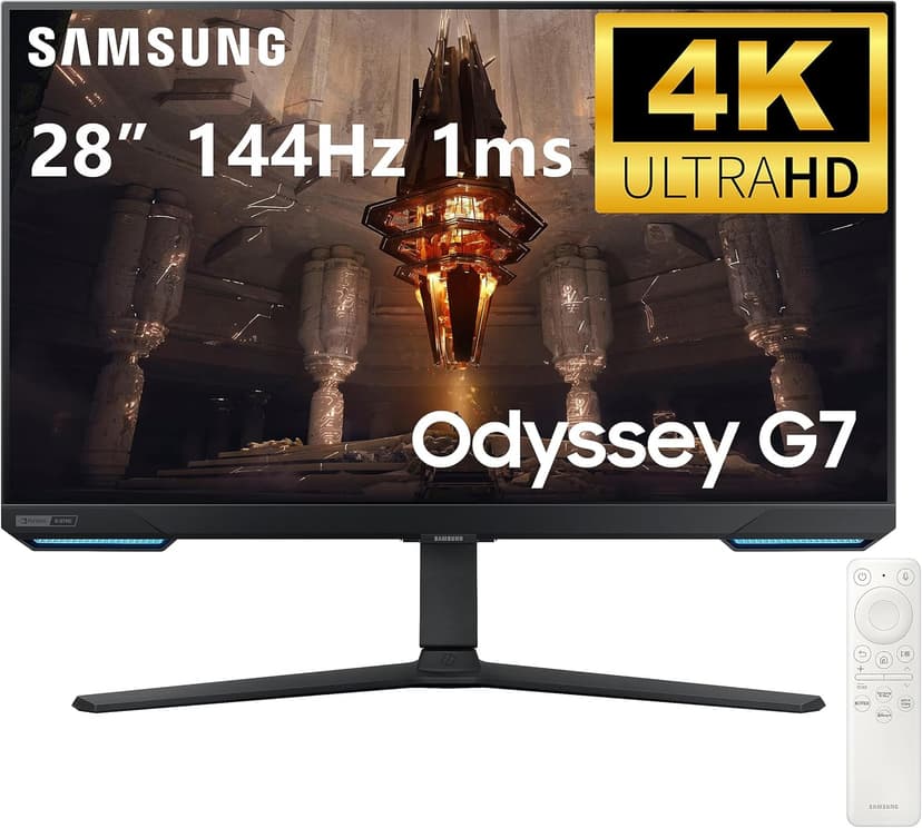 SAMSUNG 28" Odyssey G70B 4K UHD IPS 144Hz 1ms G-Sync Wireless Gaming Monitor - 3840 x 2160, 16:9, 1000:1, HDR 10+, WiFi, Bluetooth 5.2, DisplayPort, HDMI, USB 3.0, Ethernet, Swivel, tilt, Pivot Adjust