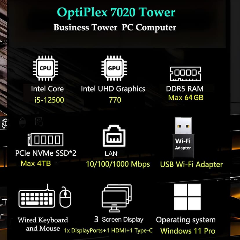 Dell OptiPlex 7020 Desktop Computer, 7000 Tower Dekstop PC, Intel Hexa-Core i5-12500 (Beat i7-11700), 32GB DDR5 RAM, 1TB PCIe SSD, DVDRW, USB WiFi Adapter, RJ-45, HDMI, DisplayPort, Windows 11 Pro
