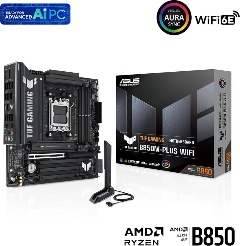 ASUS TUF Gaming B850M-PLUS WiFi AMD AM5 B850 mATX Motherboard, 14+2+1 80A DrMOS Stages, DDR5, PCIe 5.0, 3X M.2, Wi-Fi 6E, 2.5Gb LAN, DP, HDMI™, USB 10Gbps & 20Gbps Type-C®, BIOS Flashback™, Aura Sync