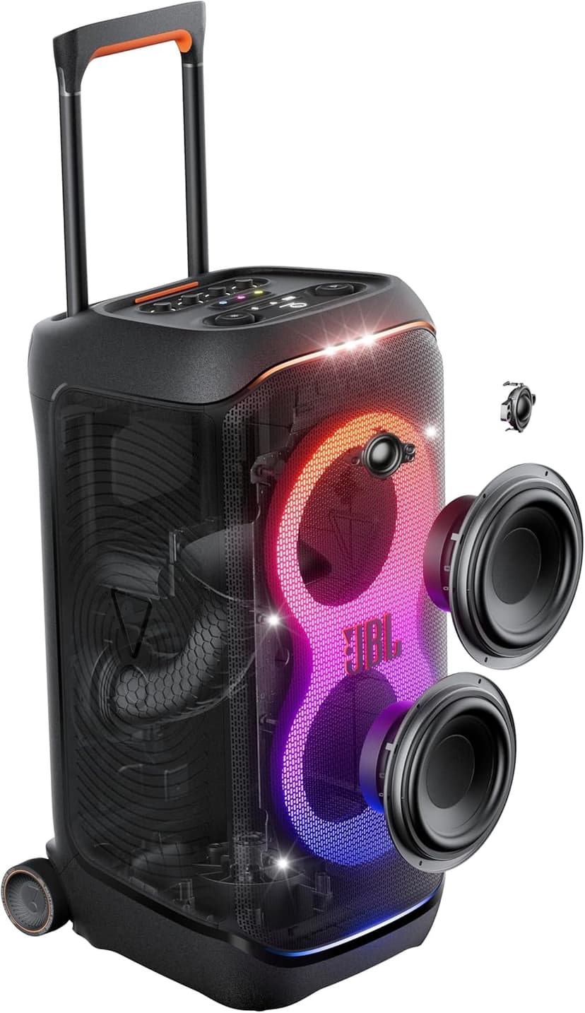JBL PartyBox Stage 320 - Portable Party Speaker with Telescopic Handle & Wide, Sturdy Wheels, Powerful JBL Pro Sound, Futuristic lightshow, Up to 18 Hours of Play time, Splash Proof (Black)